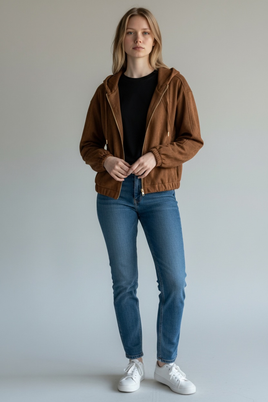 PrettyLittleThing Faux Suede Hooded Zip-Up Bomber Jacket Brown